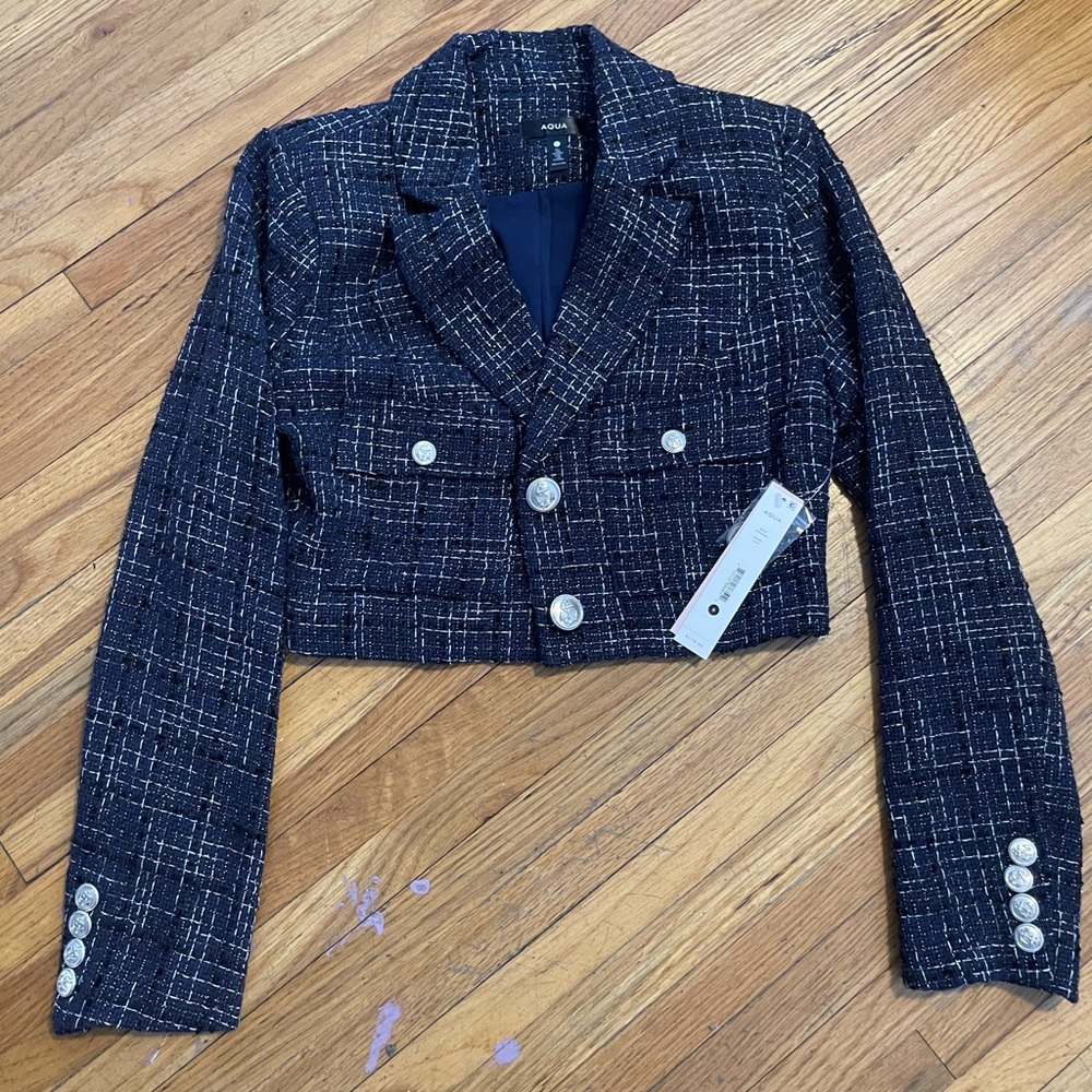 Aqua Navy and White Tweed Blazer